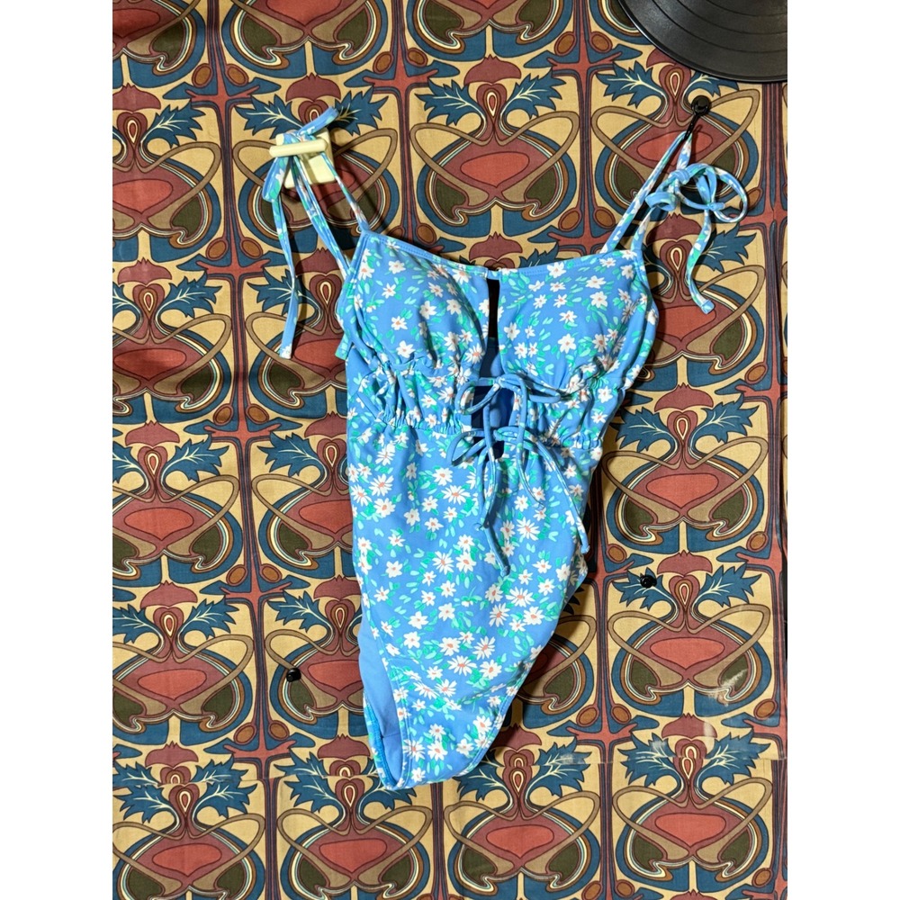 Xhilaration Floral One Piece Swimsuit‎ Women's Blue White Medium Tie Straps